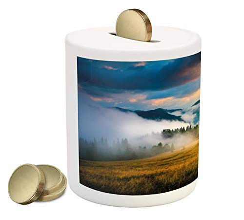 Ambesonne Landscape Piggy Bank, Rural Scenery Sunrise Misty Mountains Clouds Trees Wildgrass Field Photo, Printed Ceramic Coin Bank Money Box for Cash Saving, Yellow Blue Green Ambesonne Landscape Piggy Bank, Rural Scenery Sunrise Misty Mountains Clouds Trees Wildgrass Field Photo, Printed Ceramic Coin Bank Money Box for Cash Saving, Yellow Blue Green