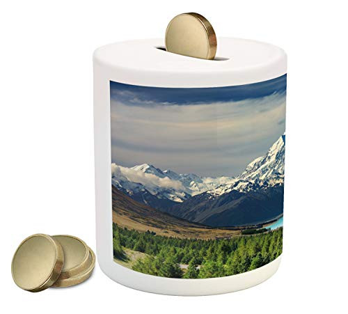 Ambesonne Landscape Piggy Bank, Mount Cook and Pukaki Lake in New Zeland Landmark Scenic Scenery Forest, Printed Ceramic Coin Bank Money Box for Cash Saving, Blue White Green Ambesonne Landscape Piggy Bank, Mount Cook and Pukaki Lake in New Zeland Landmark Scenic Scenery Forest, Printed Ceramic Coin Bank Money Box for Cash Saving, Blue White Green