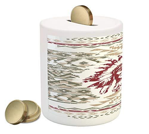 Ambesonne Art Piggy Bank, Retro Style Eagle Heart Chief Trail Grunge Effect and Geometric Motif, Printed Ceramic Coin Bank Money Box for Cash Saving, Sage Green Ruby and Tan Ambesonne Art Piggy Bank, Retro Style Eagle Heart Chief Trail Grunge Effect and Geometric Motif, Printed Ceramic Coin Bank Money Box for Cash Saving, Sage Green Ruby and Tan