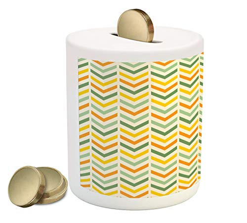 Ambesonne Chevron Piggy Bank, Retro Countryside Colors Zigzags in Vertical Direction Striped Composition, Printed Ceramic Coin Bank Money Box for Cash Saving, Green Yellow Orange