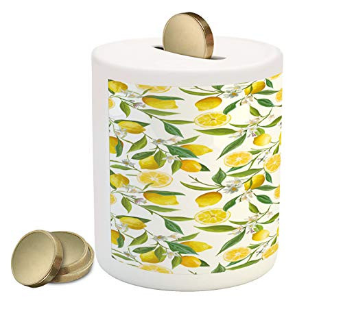Ambesonne Nature Piggy Bank, Exotic Lemon Tree Branches Yummy Delicious Kitchen Gardening Design, Printed Ceramic Coin Bank Money Box for Cash Saving, Fern Green Yellow White