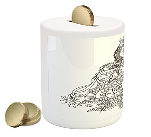 Ambesonne Mandala Piggy Bank, Composition Lotus Tibetian Tulips Sun and Ribbons, Printed Ceramic Coin Bank Money Box for Cash Saving, White and Black