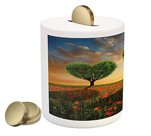 Ambesonne Valentine's Day Piggy Bank, Poppy Field Heart Shaped Trees Sunset Cloudy Sky Rural Romantic Meadow, Printed Ceramic Coin Bank Money Box for Cash Saving, Green Red Blue Ambesonne Valentine's Day Piggy Bank, Poppy Field Heart Shaped Trees Sunset Cloudy Sky Rural Romantic Meadow, Printed Ceramic Coin Bank Money Box for Cash Saving, Green Red Blue