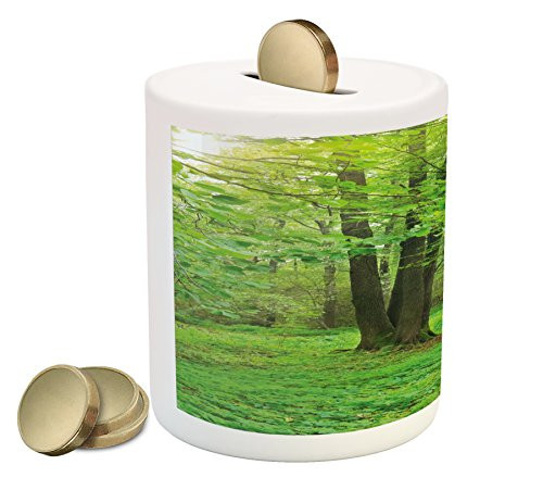 Ambesonne Nature Piggy Bank, Summer Season Forest with Flourishing Trees Grass and Pathway Tranquil Scenery, Printed Ceramic Coin Bank Money Box for Cash Saving, Fern Green Brown Ambesonne Nature Piggy Bank, Summer Season Forest with Flourishing Trees Grass and Pathway Tranquil Scenery, Printed Ceramic Coin Bank Money Box for Cash Saving, Fern Green Brown