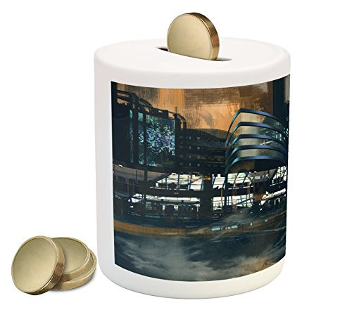 Ambesonne Futuristic Piggy Bank, Digital Paint Science Fiction Cityscape Architecture Cyberpunk Technology, Printed Ceramic Coin Bank Money Box for Cash Saving, Black Orange Blue