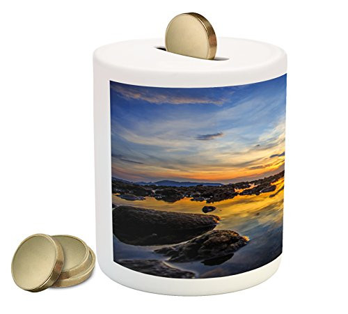 Ambesonne Tropical Piggy Bank, Twilight Rocky Sea Coast at Thailand Beach Exotic Night Dawn in Dramatic Image, Printed Ceramic Coin Bank Money Box for Cash Saving, Blue Apricot