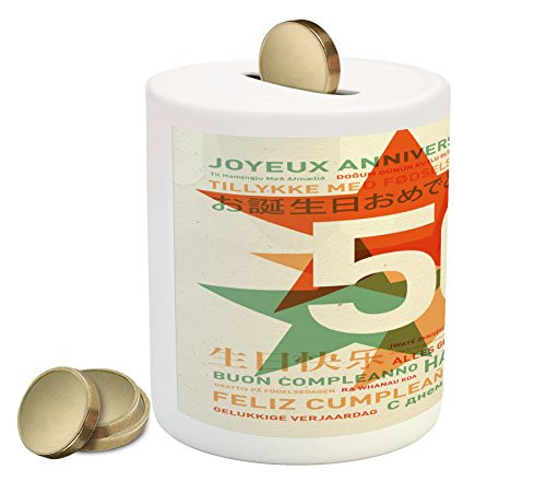 Ambesonne 50th Birthday Piggy Bank, Happy Birthday in All Languages Retro Style Backdrop with Stars Print, Printed Ceramic Coin Bank Money Box for Cash Saving, Green Red Orange Ambesonne 50th Birthday Piggy Bank, Happy Birthday in All Languages Retro Style Backdrop with Stars Print, Printed Ceramic Coin Bank Money Box for Cash Saving, Green Red Orange