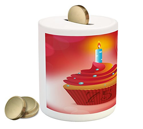 Ambesonne 75th Birthday Piggy Bank, Burning Starry Candle on a Creamy Delicious Cupcake Intimate Party, Printed Ceramic Coin Bank Money Box for Cash Saving, Red Orange and Blue