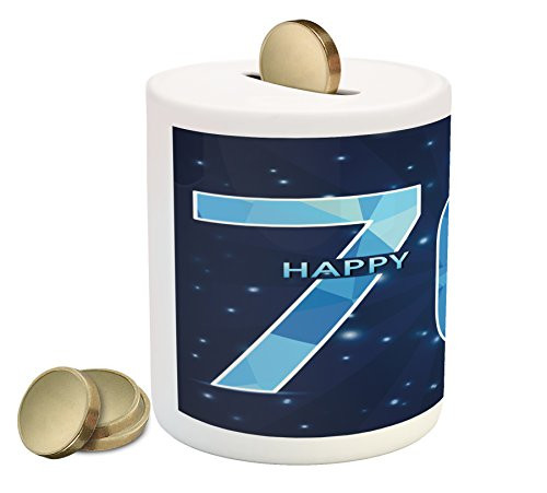 Ambesonne 70th Birthday Piggy Bank, Stars Space Theme with Geometrical Design 70 Years Old Party, Printed Ceramic Coin Bank Money Box for Cash Saving, Dark Blue and Sky Blue Ambesonne 70th Birthday Piggy Bank, Stars Space Theme with Geometrical Design 70 Years Old Party, Printed Ceramic Coin Bank Money Box for Cash Saving, Dark Blue and Sky Blue