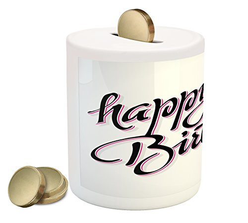 Ambesonne Birthday Piggy Bank, Vintage Typography Hand Lettering Calligraphy Pink Heart Message, Printed Ceramic Coin Bank Money Box for Cash Saving, Fuchsia Black White