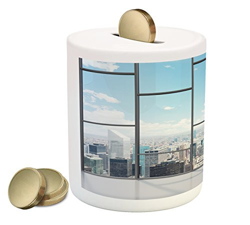 Ambesonne Modern Piggy Bank, Office with Big Wide Windows City Building Skyscrapers View Art Photograph, Printed Ceramic Coin Bank Money Box for Cash Saving, Sky Blue and Grey Ambesonne Modern Piggy Bank, Office with Big Wide Windows City Building Skyscrapers View Art Photograph, Printed Ceramic Coin Bank Money Box for Cash Saving, Sky Blue and Grey