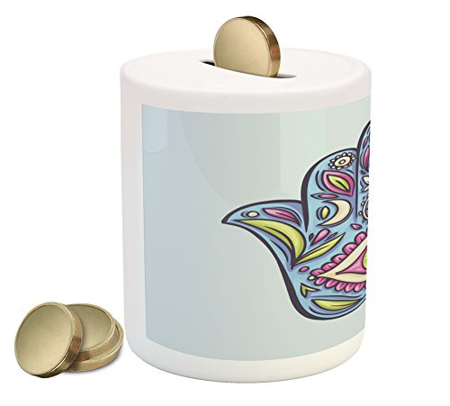 Ambesonne Evil Eye Piggy Bank, Doodle Hamsa Hand Traditional All Seeing Eye Positive Colorful, Printed Ceramic Coin Bank Money Box for Cash Saving, Pale Blue Pink Green