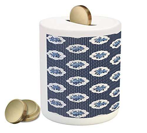 Ambesonne Shabby Flora Piggy Bank, Feminine Pattern with Curvy Frames Motifs with English Roses Polka Dots, Printed Ceramic Coin Bank Money Box for Cash Saving, Dark Blue White