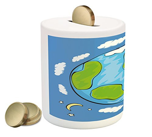 Ambesonne Earth Piggy Bank, Child's Drawing of The Planet Earth Surrounded with Clouds Day and Night Cycle, Printed Ceramic Coin Bank Money Box for Cash Saving, Blue Green White Ambesonne Earth Piggy Bank, Child's Drawing of The Planet Earth Surrounded with Clouds Day and Night Cycle, Printed Ceramic Coin Bank Money Box for Cash Saving, Blue Green White