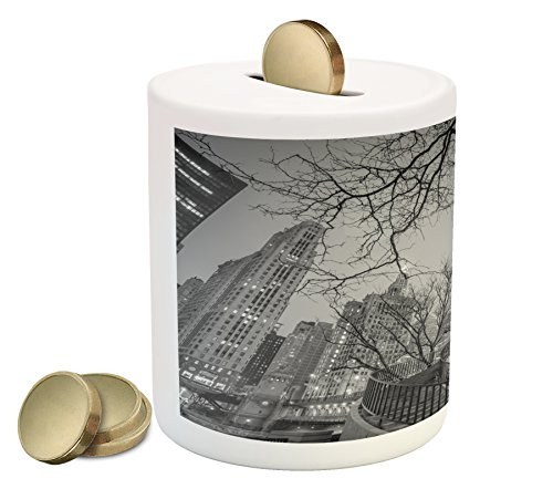 Ambesonne Black and White Piggy Bank, Chicago City Downtown Nighttime Highrise Buildings Tree Branches, Printed Ceramic Coin Bank Money Box for Cash Saving, Grey Black White Ambesonne Black and White Piggy Bank, Chicago City Downtown Nighttime Highrise Buildings Tree Branches, Printed Ceramic Coin Bank Money Box for Cash Saving, Grey Black White