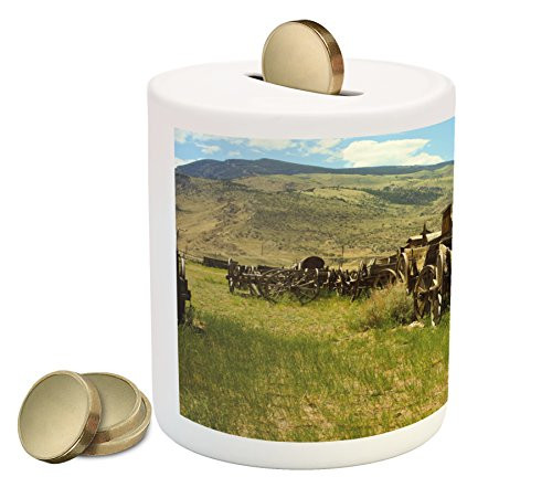 Ambesonne Barn Wood Wagon Wheel Piggy Bank, Line of Antique Carriages in Rural Village Farm and Hills, Printed Ceramic Coin Bank Money Box for Cash Saving, Green Brown Pale Blue