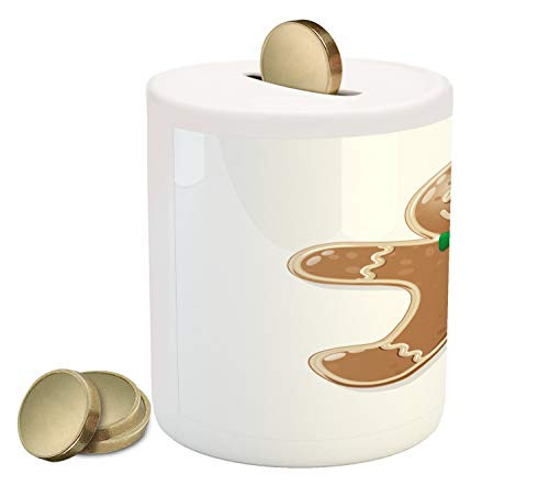 Ambesonne Gingerbread Man Piggy Bank, Iconic Seasonal Baked Pastry Sugary Treats Joyous Fun Xmas, Printed Ceramic Coin Bank Money Box for Cash Saving, Caramel Green and Red