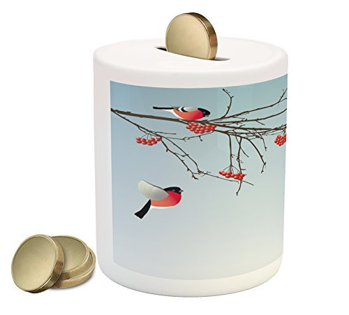 Ambesonne Rowan Piggy Bank, Bullfinch Birds Flying and on Branches Winter Themed Graphic Design, Printed Ceramic Coin Bank Money Box for Cash Saving, Pale Blue Coral Dark Brown Ambesonne Rowan Piggy Bank, Bullfinch Birds Flying and on Branches Winter Themed Graphic Design, Printed Ceramic Coin Bank Money Box for Cash Saving, Pale Blue Coral Dark Brown