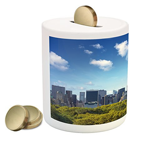 Ambesonne City Piggy Bank, Manhattan Skyline with Central Park in New York City Midtown High Rise Buildings, Printed Ceramic Coin Bank Money Box for Cash Saving, Blue Green Ivory