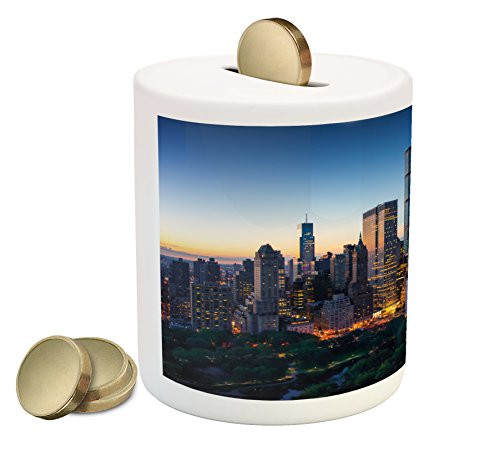 Ambesonne City Piggy Bank, Sun Rising Over Central Park in Manhattan Tranquil Morning Skyscrapers, Printed Ceramic Coin Bank Money Box for Cash Saving, Blue Marigold Dark Green Ambesonne City Piggy Bank, Sun Rising Over Central Park in Manhattan Tranquil Morning Skyscrapers, Printed Ceramic Coin Bank Money Box for Cash Saving, Blue Marigold Dark Green