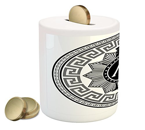Ambesonne Retro Piggy Bank, Concept of Greek Pattern Spartans Silhouette Retro Design, Printed Ceramic Coin Bank Money Box for Cash Saving, Grey Black White