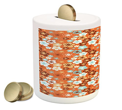 Ambesonne Orange Piggy Bank, Old Fashioned Doodle Flora Abstract Blooming Meadow in Summer Theme, Printed Ceramic Coin Bank Money Box for Cash Saving, Sky Blue Orange Brown