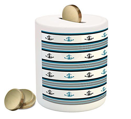 Ambesonne Anchor Piggy Bank, Borders with Stripes and Anchor Hipster Design Retro Style Maritime, Printed Ceramic Coin Bank Money Box for Cash Saving, Blue Black White