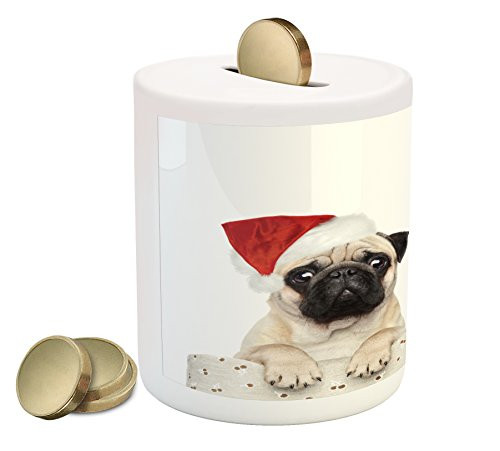Ambesonne Pug Piggy Bank, Christmas Themed Animal Photography with a Cat and Dog Wearing Santa Hats Print, Printed Ceramic Coin Bank Money Box for Cash Saving, Grey Cream Red