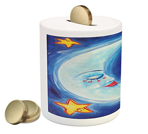 Ambesonne Moon Piggy Bank, Vibrant Happy Dancing Stars and Sleepy Moon with Facial Expressions, Printed Ceramic Coin Bank Money Box for Cash Saving, Royal Blue Yellow Vermilion