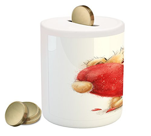 Ambesonne Bear Piggy Bank, Valentine's Day Inspired Teddy Bear Holding a Big Red Heart Love Romance, Printed Ceramic Coin Bank Money Box for Cash Saving, Sand Brown Red