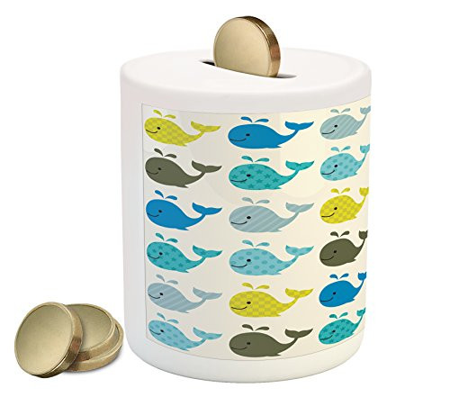 Ambesonne Nursery Piggy Bank, Colorful Whales Dotted Squares Lines Animals, Printed Ceramic Coin Bank Money Box for Cash Saving, Blue Charcoal Grey Pale Blue Ambesonne Nursery Piggy Bank, Colorful Whales Dotted Squares Lines Animals, Printed Ceramic Coin Bank Money Box for Cash Saving, Blue Charcoal Grey Pale Blue
