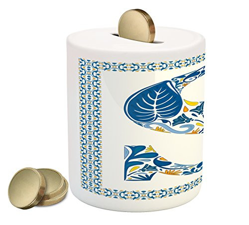 Ambesonne Letter S Piggy Bank, Old Fashioned Alphabet Typography Design in a Frame with Azulejo Motifs, Printed Ceramic Coin Bank Money Box for Cash Saving, Blue Yellow Orange Ambesonne Letter S Piggy Bank, Old Fashioned Alphabet Typography Design in a Frame with Azulejo Motifs, Printed Ceramic Coin Bank Money Box for Cash Saving, Blue Yellow Orange