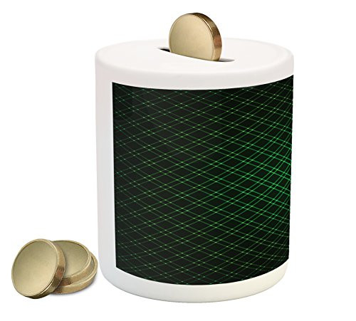 Ambesonne Forest Green Piggy Bank, Abstract Geometric Shape on Dark Background Futuristic Grid Checkered Pattern, Printed Ceramic Coin Bank Money Box for Cash Saving, Green Black
