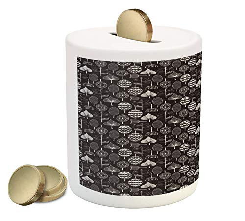 Ambesonne Nordic Piggy Bank, Scribble Style Leaf Motifs Nature Inspired Ornament Pattern with Foliage, Printed Ceramic Coin Bank Money Box for Cash Saving, Black and White