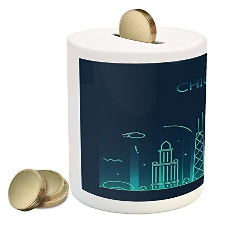 Ambesonne Chicago Skyline Piggy Bank, Blue American Town Panorama City Contemporary Illustration, Printed Ceramic Coin Bank Money Box for Cash Saving, Dark Blue and Turquoise