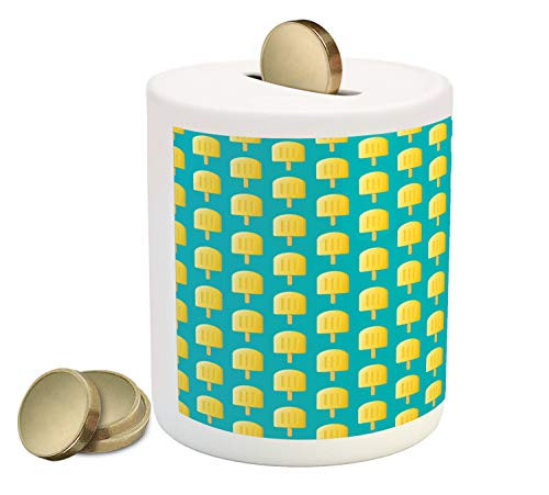 Ambesonne Yellow and Blue Piggy Bank, Ice Cream Pattern Popsicle Summer Season Cold Treats Tasty Snacks, Printed Ceramic Coin Bank Money Box for Cash Saving, Pale Blue and Yellow
