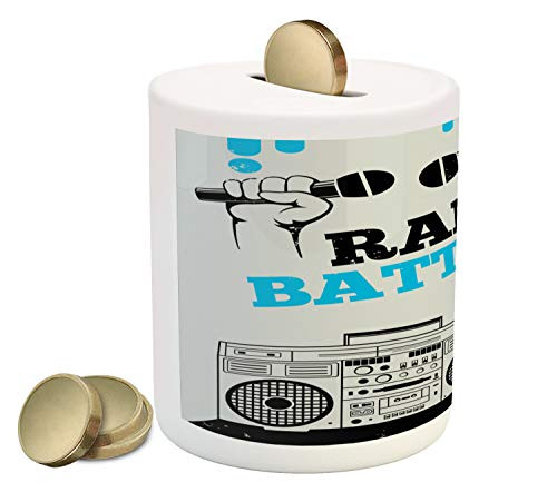 Ambesonne Hip Hop Piggy Bank, Hip Hop Elements Freestyle Rap Duel with Microphones Theme, Printed Ceramic Coin Bank Money Box for Cash Saving, Azure Blue Black and Pale Grey