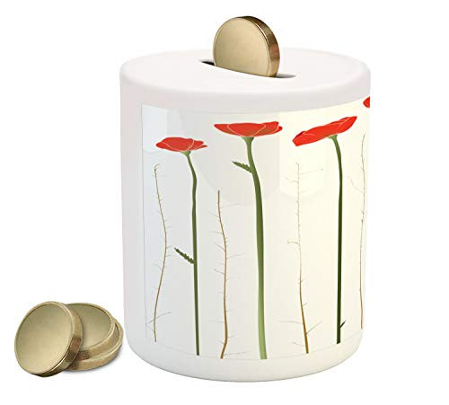 Ambesonne Flower Piggy Bank, Floral Gardening Theme Image of Poppies Flourishing on Tall Stems for Spring, Printed Ceramic Coin Bank Money Box for Cash Saving, Vermilion Green
