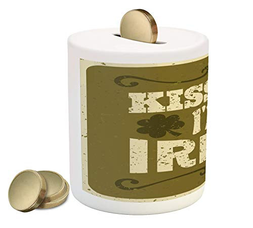 Ambesonne Saying Piggy Bank, Retro St. Patricks Day Illustration with Clovers Swirls Grunge Effect, Printed Ceramic Coin Bank Money Box for Cash Saving, Cream and Green Brown Ambesonne Saying Piggy Bank, Retro St. Patricks Day Illustration with Clovers Swirls Grunge Effect, Printed Ceramic Coin Bank Money Box for Cash Saving, Cream and Green Brown