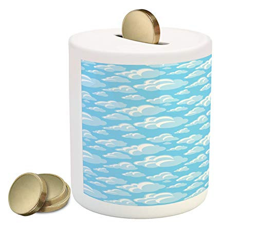 Ambesonne Cloud Piggy Bank, Cartoon Illustration of Bubbly Cloud Cumulus Floating on Soft Blue Sky, Printed Ceramic Coin Bank Money Box for Cash Saving, Baby Blue White and Blue
