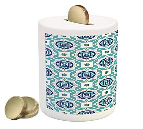Ambesonne Spanish Piggy Bank, Geometric Old Azulejo Motif with Diagonal Circles Moroccan Ornaments, Printed Ceramic Coin Bank Money Box for Cash Saving, Navy Blue Pale Blue White