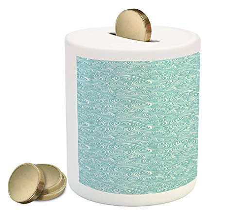 Ambesonne Abstract Piggy Bank, Ocean Waves Inspired Ink Brush Style Curls and Swirls Pattern Modern Art, Printed Ceramic Coin Bank Money Box for Cash Saving, Pale Blue and White