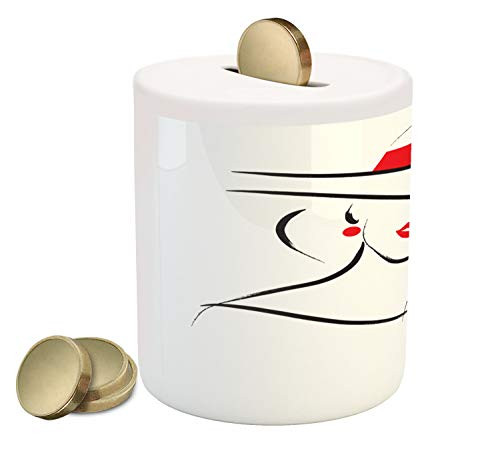 Ambesonne Lips Piggy Bank, Lady Wearing a Hat Portrait White Background Black Stroke Contour Drawing, Printed Ceramic Coin Bank Money Box for Cash Saving, Charcoal Grey Vermilion