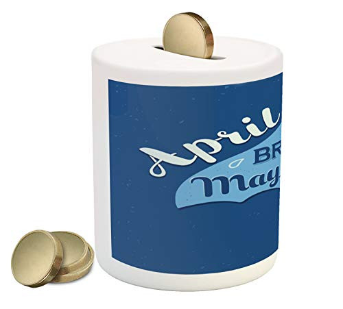Ambesonne Blue Piggy Bank, April Showers Bring May Flowers with an Umbrella Hand-Drawn Calligraphy, Ceramic Coin Bank Money Box for Cash Saving, 3.6" X 3.2", Blue Pale Blue and White