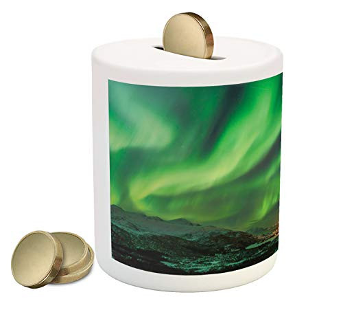 Ambesonne Norway Piggy Bank, Aurora Borealis Nordic Green Tones Night Sky and Town Panorama, Ceramic Coin Bank Money Box for Cash Saving, 3.6" X 3.2", Lime Green and Dark Lavender