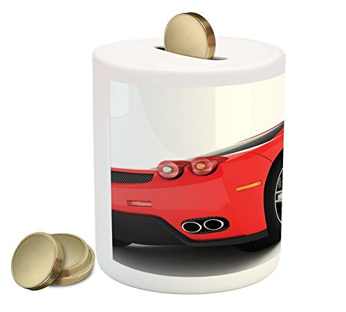 Ambesonne Manly Piggy Bank, Red Super Sports Car Lifestyle Automobile Transport Modern Urban City Life Theme, Printed Ceramic Coin Bank Money Box for Cash Saving, Red White Black