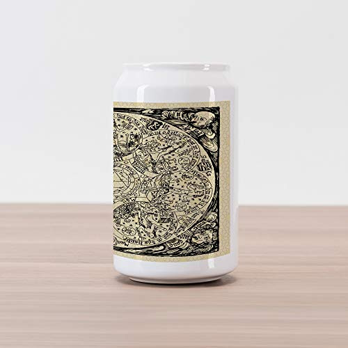 Ambesonne Astrology Cola Can Shape Piggy Bank, Series of Mystic Esoteric Old Map with Man with Vintages, Ceramic Cola Shaped Coin Box Money Bank for Cash Saving, Ecru Black