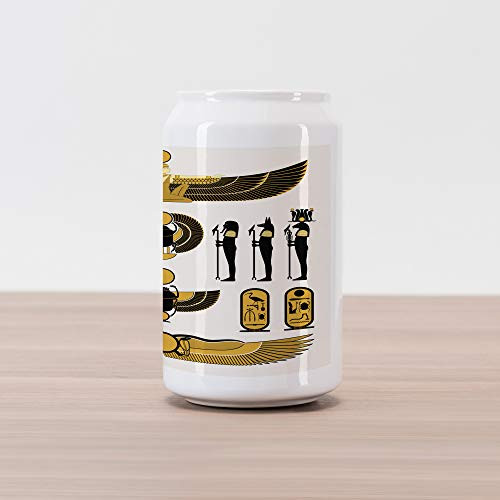 Ambesonne Egyptian Print Cola Can Shape Piggy Bank, Old Historical Egyptian Spirit Myth Mummy Sun Art Illustration, Ceramic Cola Shaped Coin Box Money Bank, 4.5" X 2.5", Yellow Black