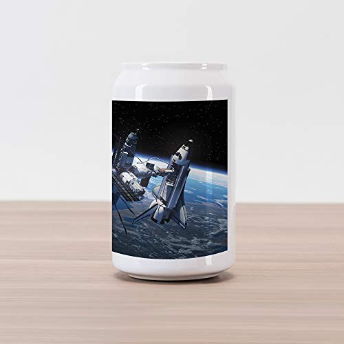Ambesonne Outer Space Cola Can Shape Piggy Bank, Space Shuttle and Station View Cosmonaut Adventure on Myst Globe Orbit Off, Ceramic Cola Shaped Coin Box Money Bank for Cash Saving, Blue Grey Black