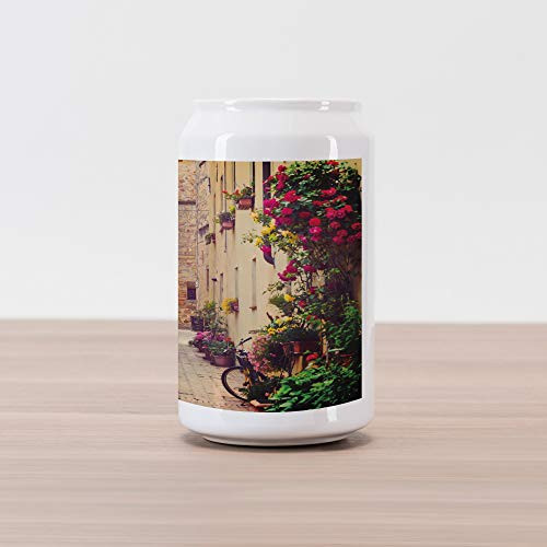 Ambesonne Cityscape Cola Can Shape Piggy Bank, Street in Pienza Tuscany Italy with Hanging Basket Plants Flowers Bicycles Picture, Ceramic Cola Shaped Coin Box Money Bank for Cash Saving, Red Green